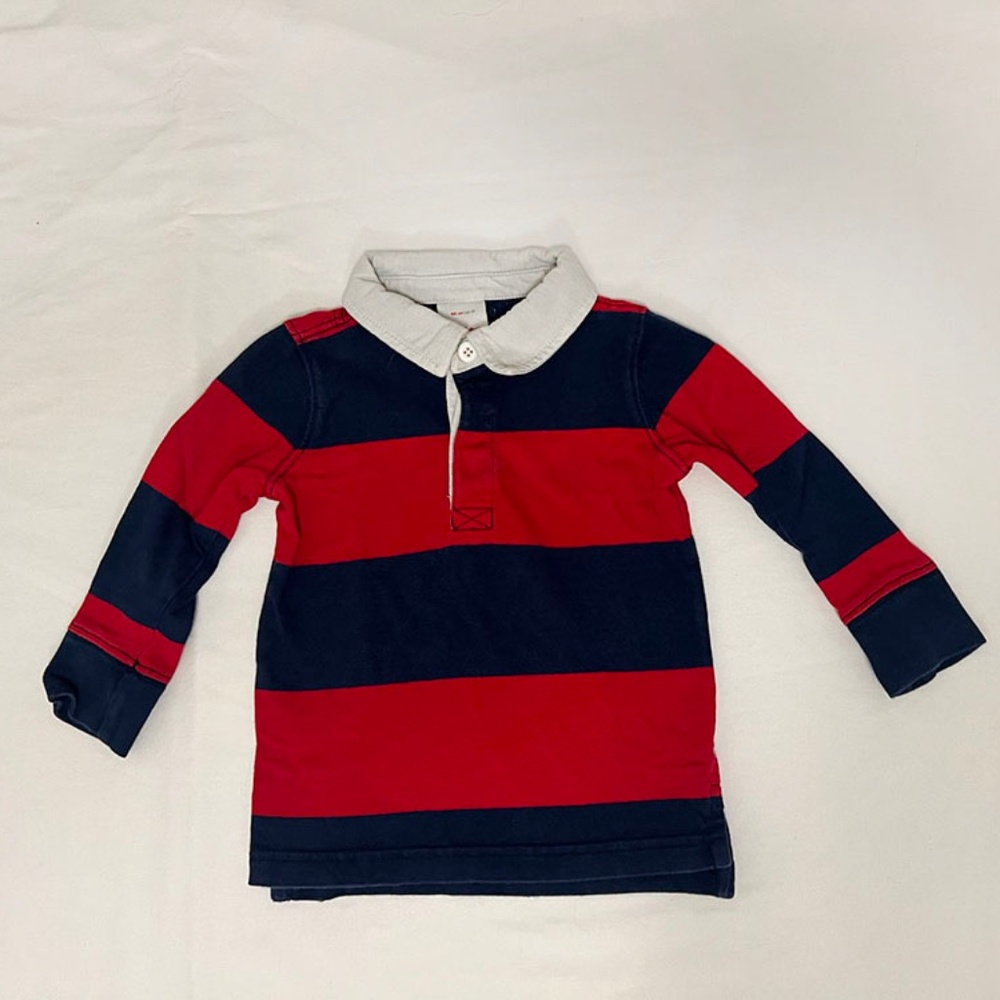 Hanna Andersson Boys Striped Rugby Shirt Red Navy Cotton Long Sleeve Size 2T